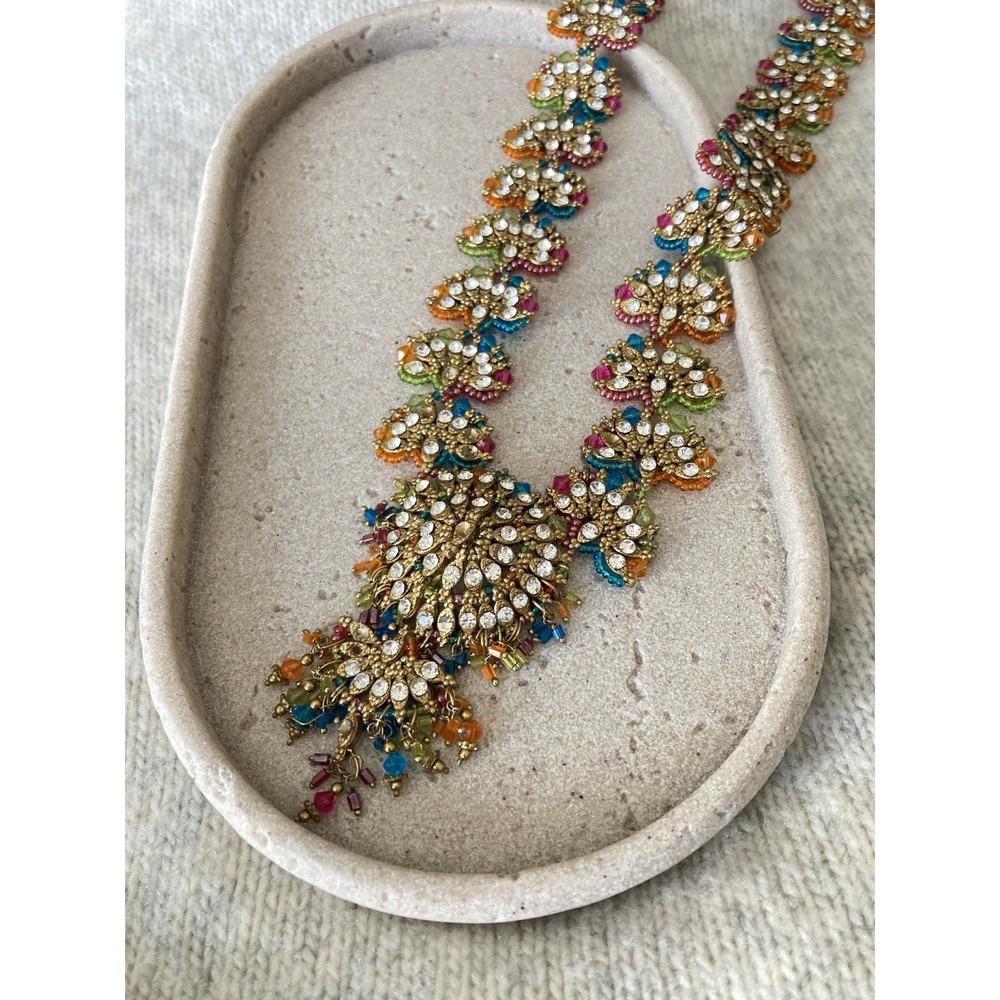 Ornate Gold Tone Rhinestone Statement Necklace Floral Boho Festival Bollywood